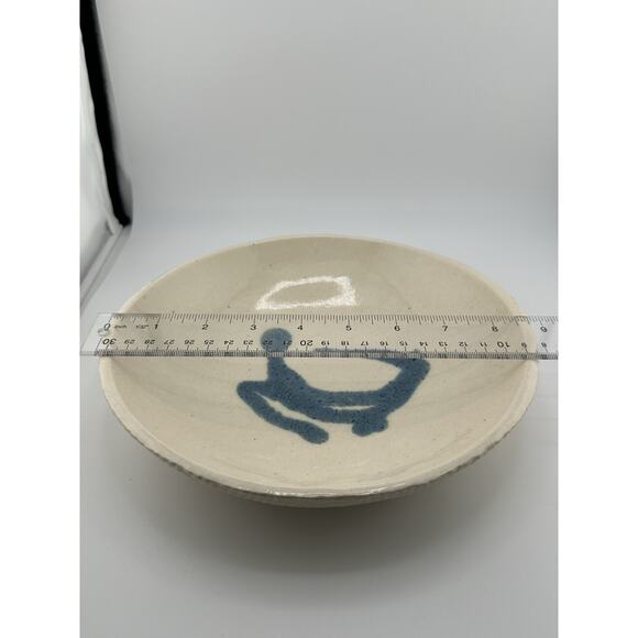 Vintage Hand Made Ceramic Slab Formed Bowl w/ 6 Naplin Rings 1998 Blue Cream - Picture 10 of 10